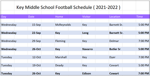 2021-2022 Key Middle School Football Schedule